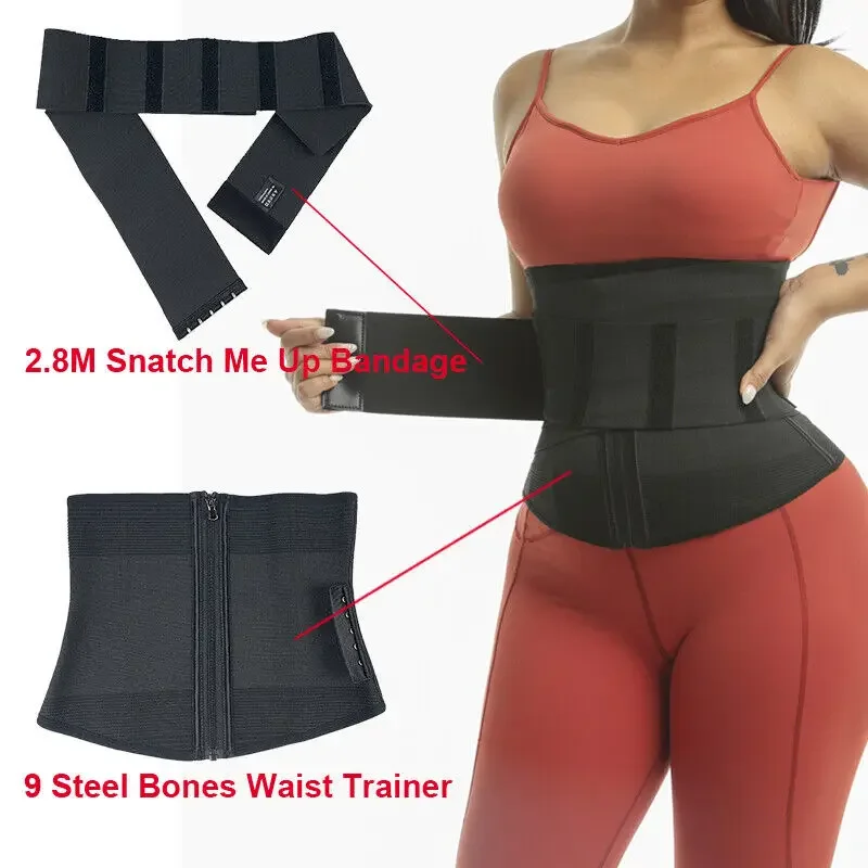 9 Steel Bones Waist Trainer Corset Shaper Adjustable Belly Tummy Control Snatch Me Up Wrap Stretch Bands Slim Body Shaper Women