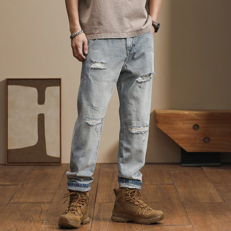 

Japanese loose Harem pants spring and autumn retro vintage casual and versatile trendy cargo ripped jeans for men clothing