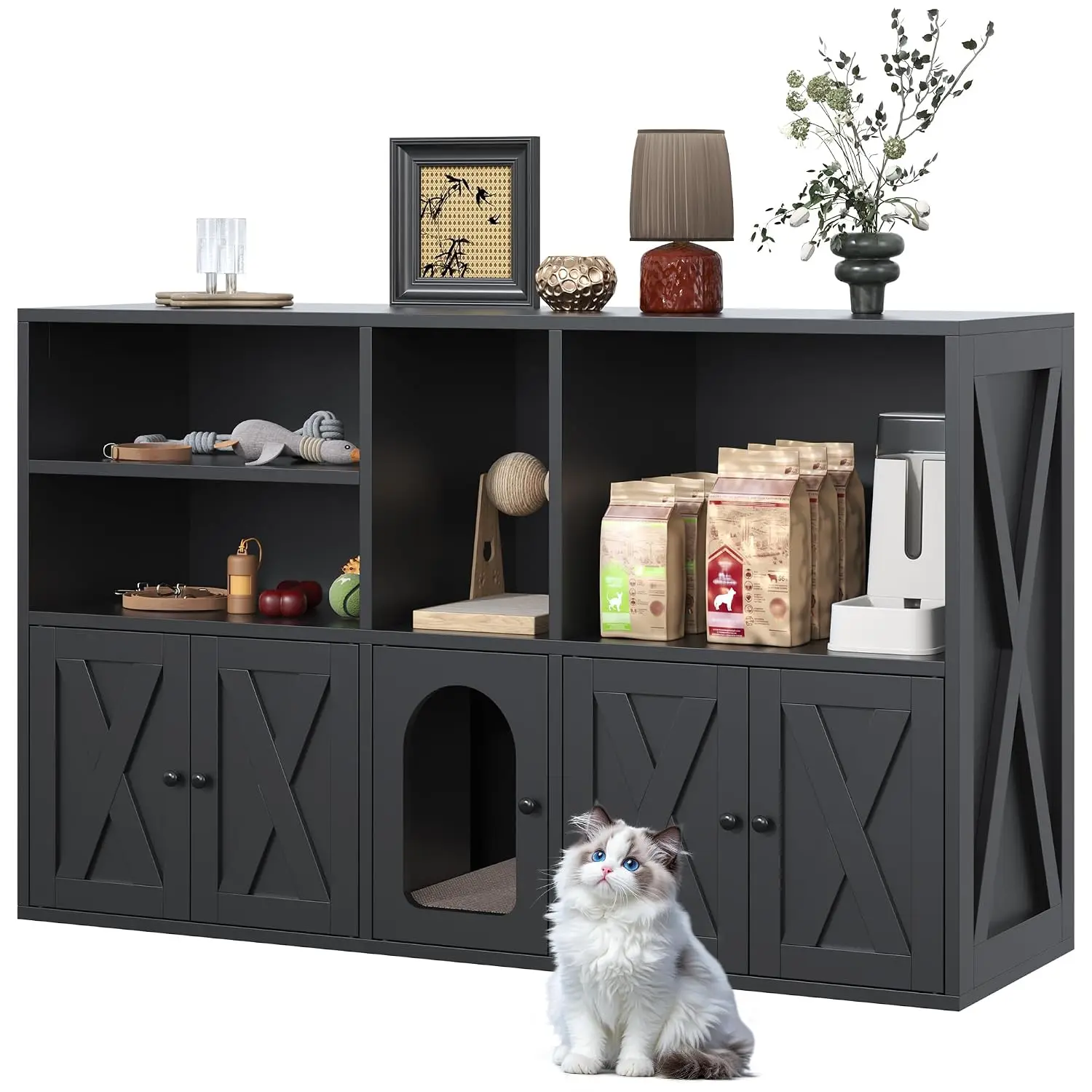 Cat Litter Box Enclosure 2 Cats Scratch Pad Hidden Furniture Storage Shelves Wooden Washroom Barn Door Indoor House, Customized
