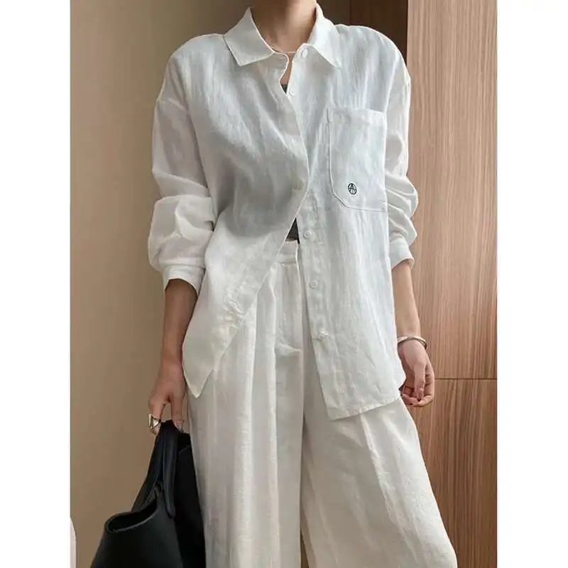 

Женские рубашки из 100% рами с отложным воротником и карманами и вышивкой, свободная однобортная повседневная рубашка