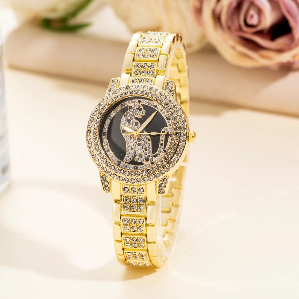 2Pcs Women Fashion Quartz Watch Luxury Rhinestone Wristwatches Dress Clock Hip Hop Fierce Inlaid Zircon Pendant Set Montre Femme