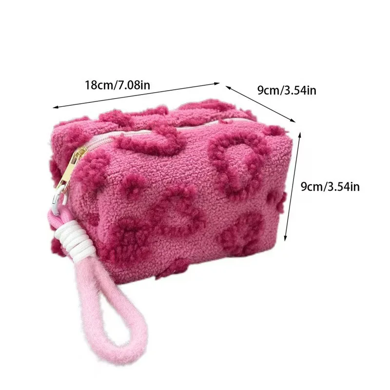 Plush Makeup Bags with Handle Soft Travel Cosmetic Storage Bag Portable Love Print Organizer Pencil Case Cute Clutch Pouch view 2