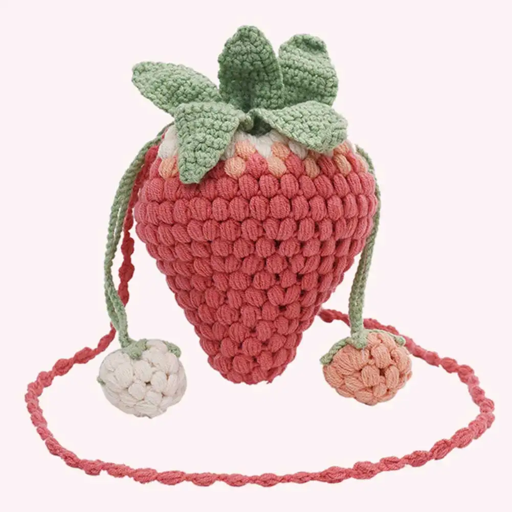 

Women Strawberry Crossbody Bag Versatile Hand Knitted Bag Casual Adorable Shoulder Bag DIY Cartoon Cute Knit Sling Purse
