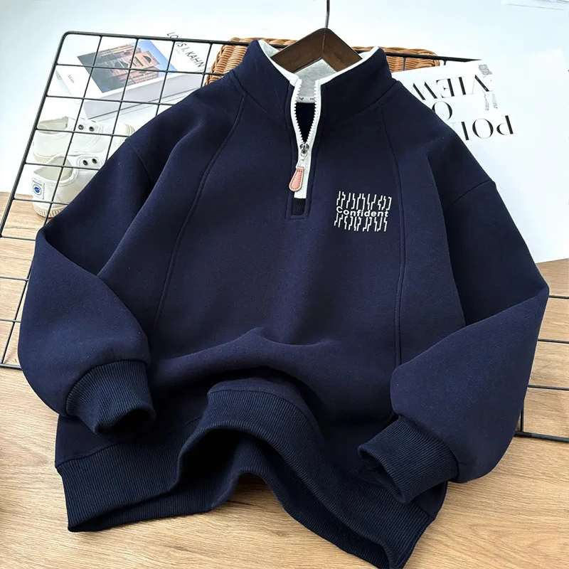Neue warme Plüsch-Sweatshirts für Jungen, Herbst-Winter-Mode, Stehkragen, dicker Pullover, lässiges Oberteil für Kinderkleidung 3-14 Jahre – Detail 3