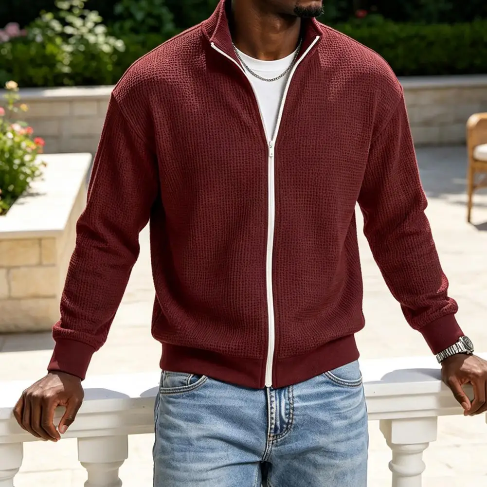 Men's Waffle Knit Zip Up Jacket, Long Sleeve Laydown Collar Casual Cardigan Sweatshirt, Solid Color Fall Winter Outerwear