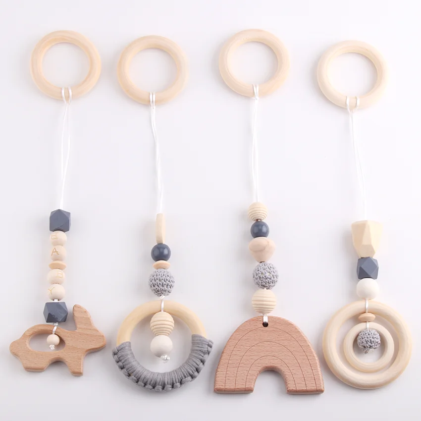 NANA 4 stks/set Baby Play Gym Kralen Houten Bijtring Peuter Hanger Rammelaar Houten Ring Tandjes Speelgoed Voor Pasgeboren Baby Kinderwagen speelgoed