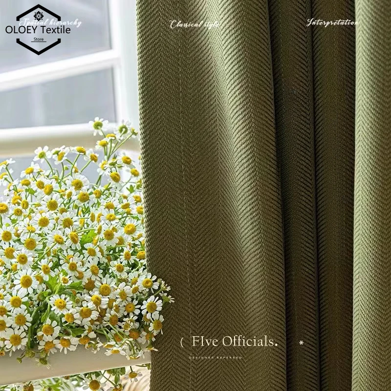 French Olive Green Chenille Blackout Curtains for Living Room Bedroom Herringbone Pattern Modern Luxury Custom Window Drapes