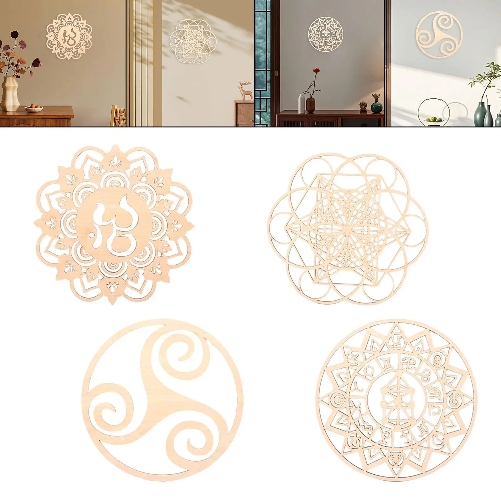 Geometry Wood Wall Art Ornament Wooden Wall Decor Meditation Wall Piece Hollow Craft for Living Room Entryway Office Bathroom