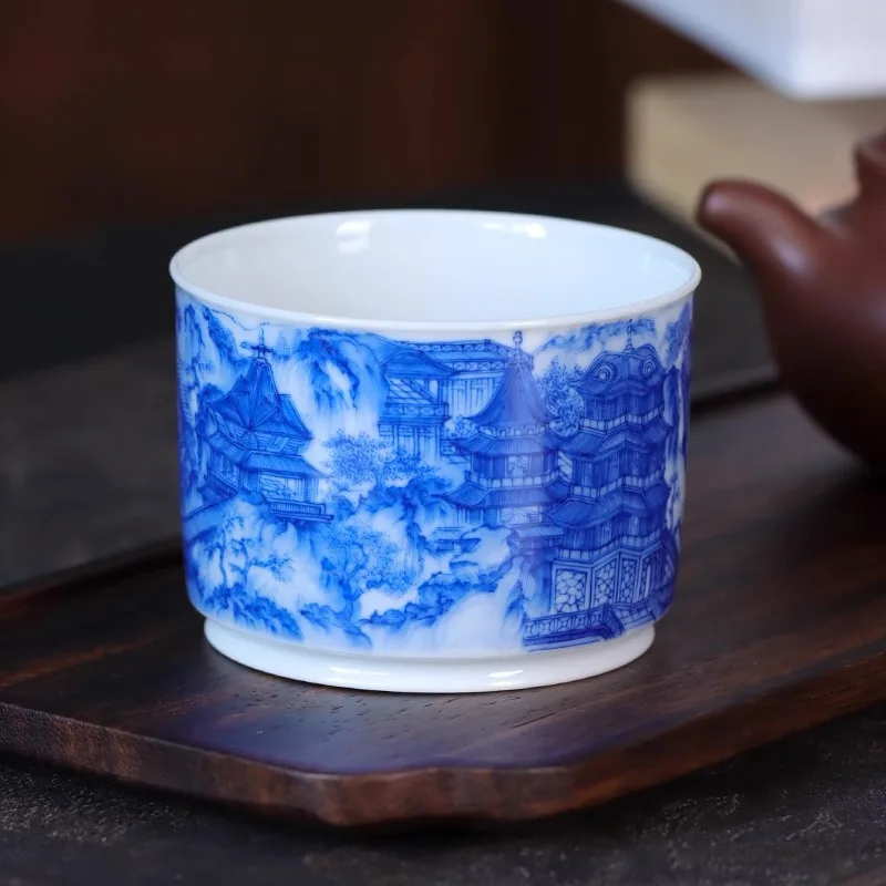 Hand-painted straight cup blue and white Daming Palace picture teacup high-end underglaze color
