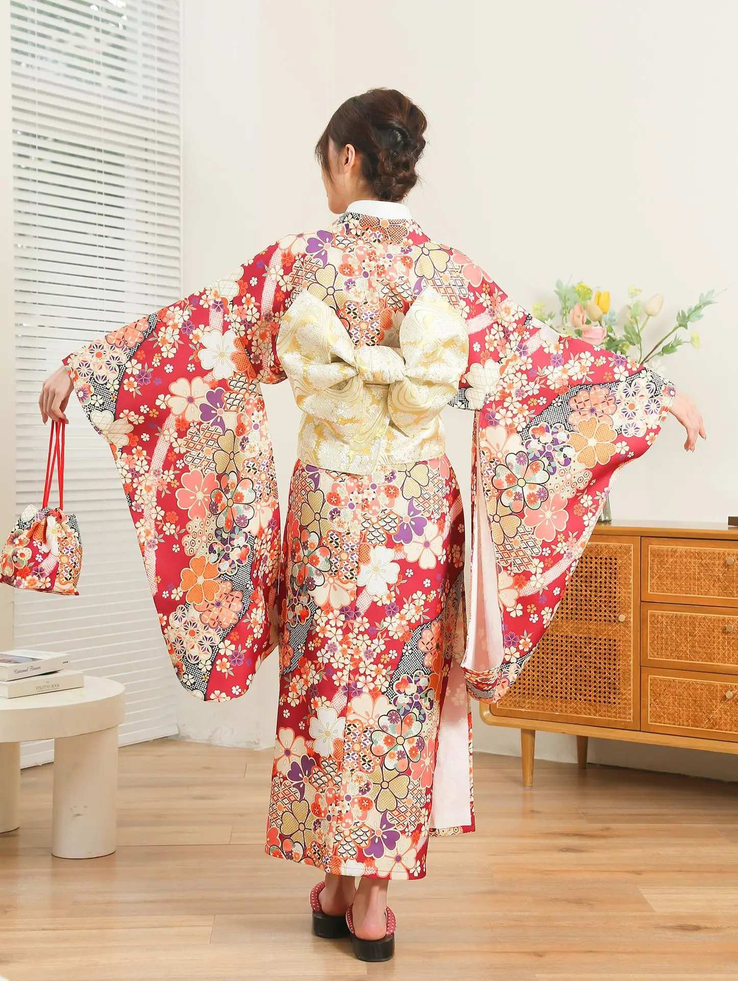 Japanese Women's Kimono – Modernized Easy-to-Wear Version, 140cm Length, Formal Design for Japanese Photo Shoots & Travel