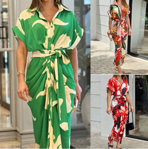 Dress Women\'s New Summer Fashion Printed Lapel High Waist Sleeve Shirt Dress Lace-Up Short Sleeve Dress Women