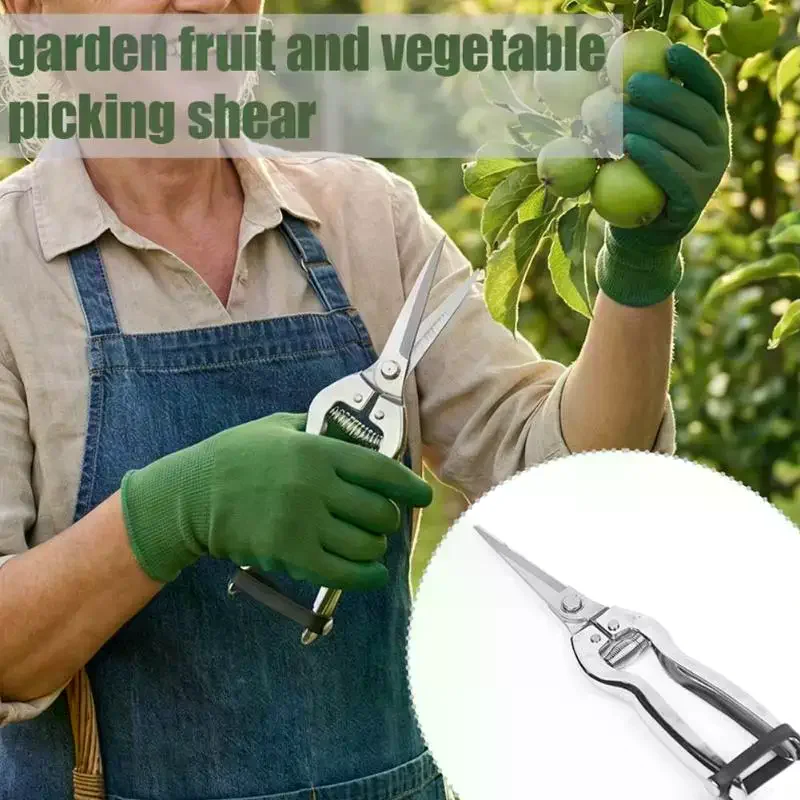 Gardening Shears Stainless Steel Pruning Shears Sharp Fruit Picking Scissors Spring Loaded Labor Saving Branch Trimmer Tool