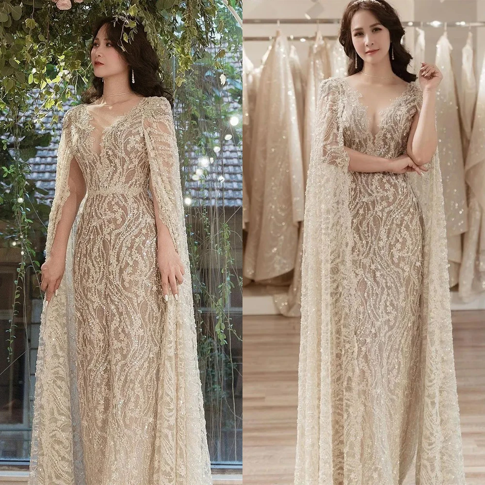 

Sexy Deep V-Neck A-Line Wedding Dresses 2022 Appliques Beads Cape Sleeve Bridal Gowns Sequined Floor-Length Robe De Vestido