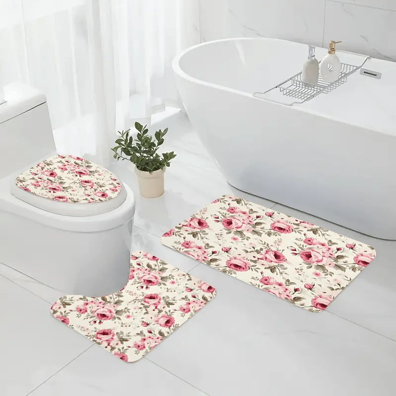 

Floral Bathroom Mat Set Bath Rug Toilet Mat Home Decor Luxury Accessories Pink Roses Waterproof Absorbent