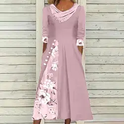 Women Vintage Maxi Dress Summer Floral Print 3/4 Sleeve Patchwork Dresses Loose Mid Waist Casual Long Dress Streetwear Plus Size