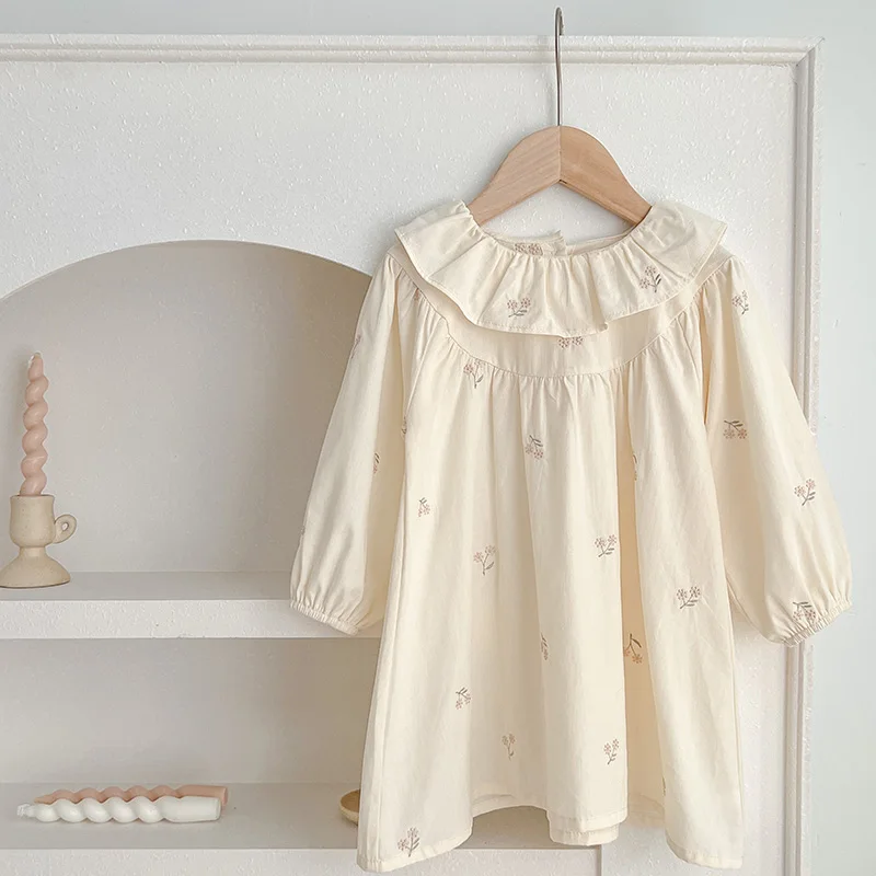 1-6Yrs Mädchen Kleid Spitze Prinzessin Solide Weiß Baby Langarm Kleid Gestickte Blumen Kleinkind Kleinkind Mädchen Kleidung Kinder Outfits