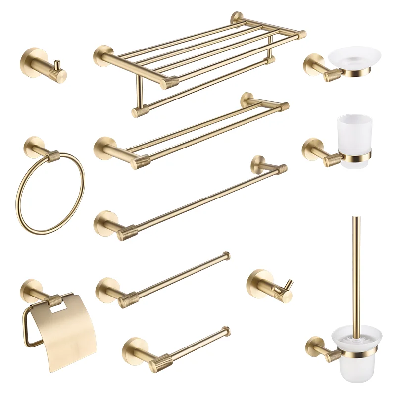 

Bathroom Hardware Accessories Set Brushed Gold Knurled Kit Towel Bar Ring Robe Hook Paper Holder Towel Ring Toilet Brush