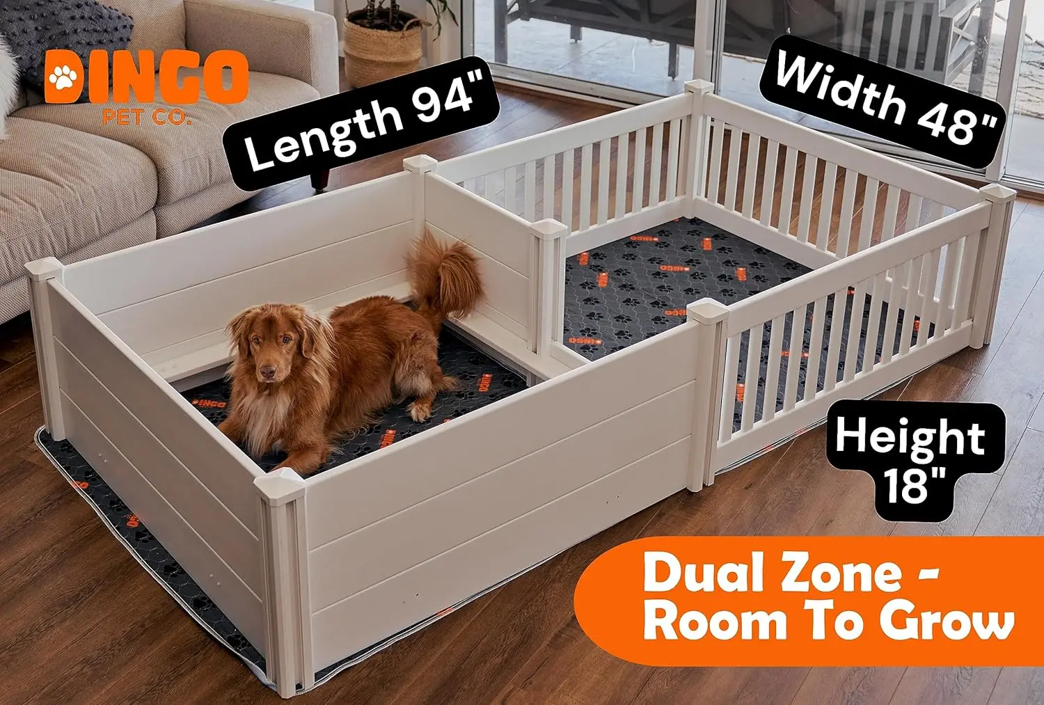 XL Whelping Box for Dogs  94” x 48” (Dual Zone) 2 Free Washable Pee Pads + 2 Free Storage Bags DingoSafe Rail System