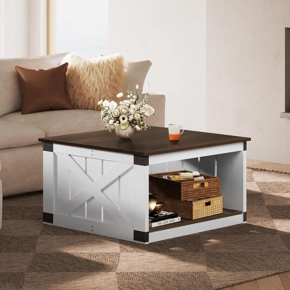

Coffee Table, Farmhouse Coffee Table with Open Storage, 31.5 Wood Square Living Room Tables,Rustic Dining Cocktail Center Table