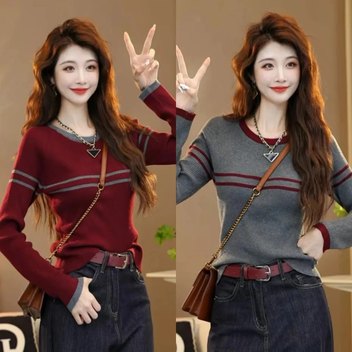 

Red Striped Knitwear Long Sve Autumn Faion plus Size Slimming Base Layer Top High End Feelings Commute Sle Polyester F...