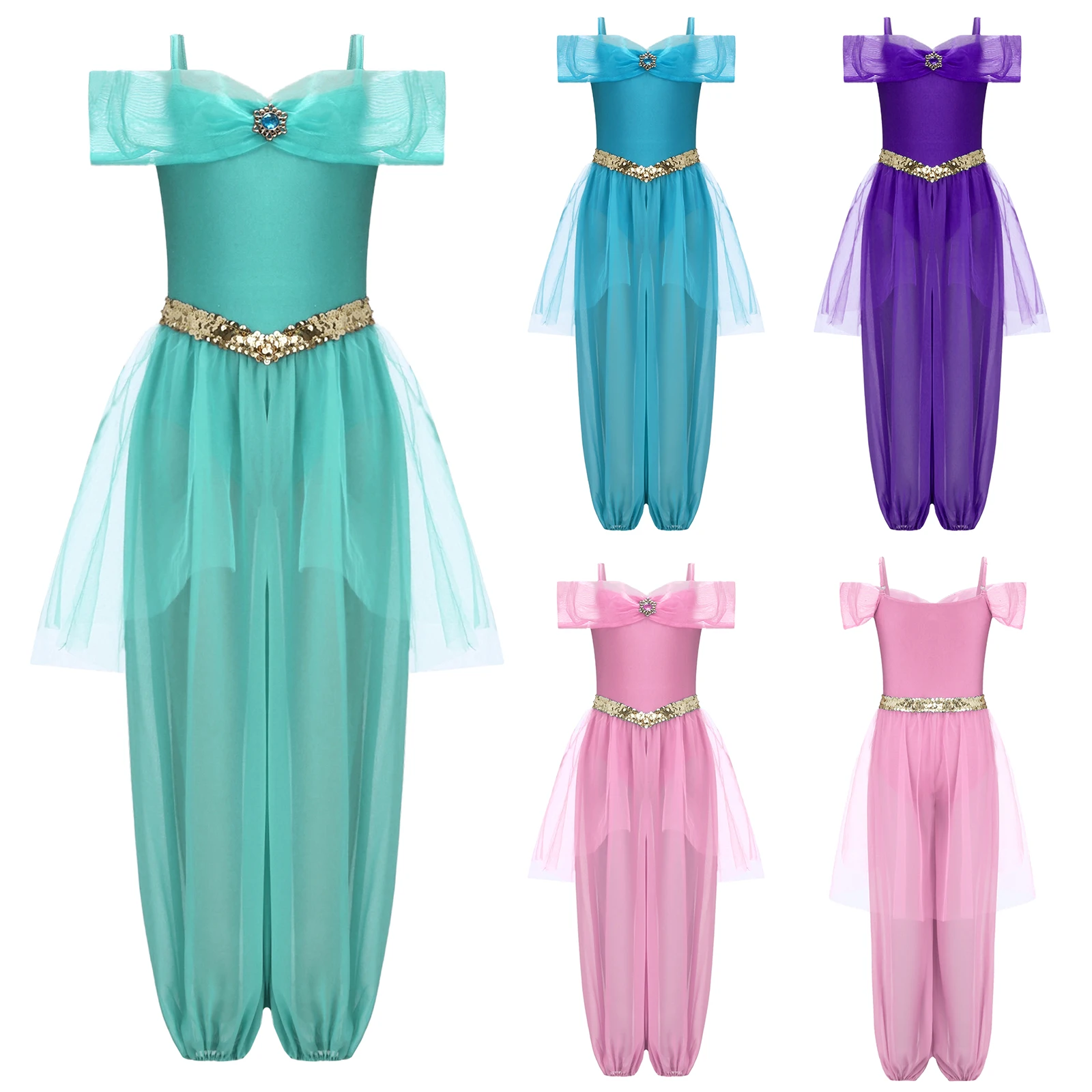 Halloween Arabian Princess Costume Rhinestone Sequin Belly Dance Jumpsuit Mesh Overlay Romper Oriental Indian Arabi Role Playing view 4