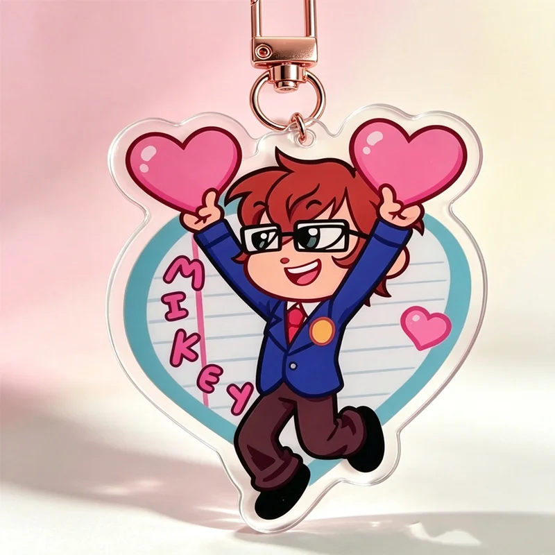 Cute Heart Shaped Chibi Boy Acrylic Keychain School Uniform Cartoon Character Pendant Pink Love Note Background Rose Gold Buckle