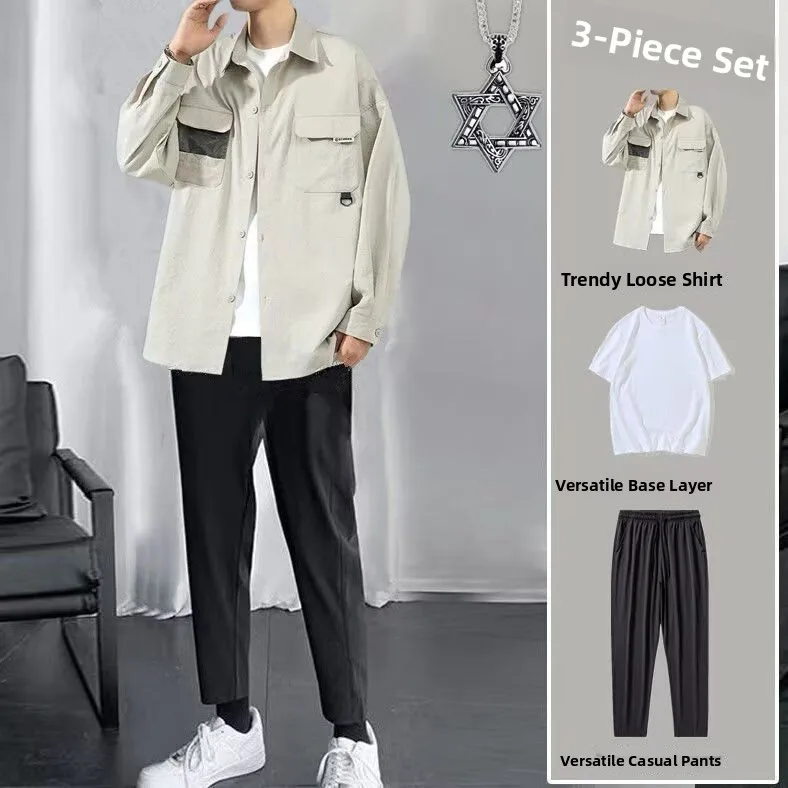 

New Men's Casual Loose irt Trendy Design Spring Autumn Wear Stand Fit Long Sve Faionable Outerwear for Teen Boys