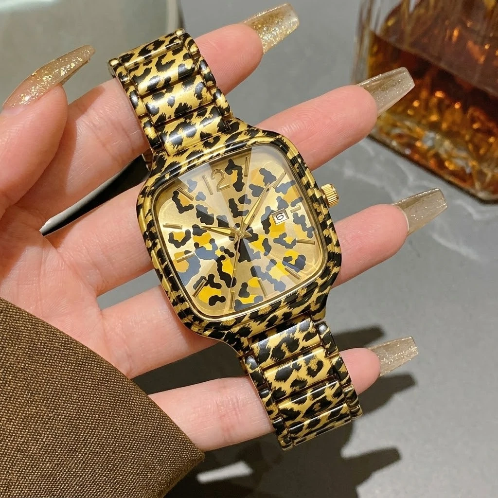 Ladies square leopard print watch, multi-section splicing strap, trendy and cool personality style