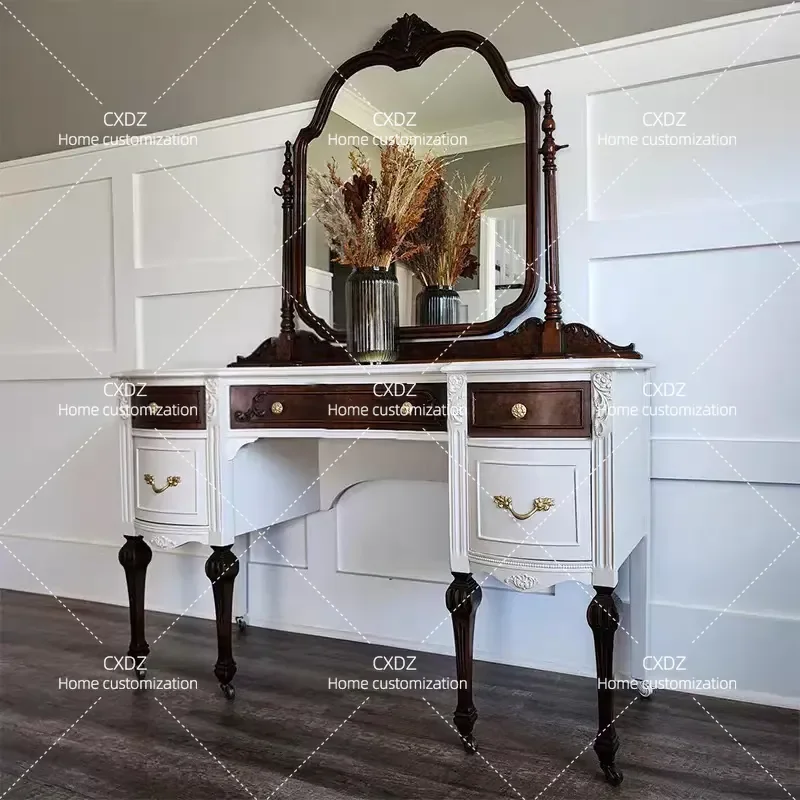 French retro solid wood dresser villa bedroom two-color carved desk with mirror American light luxury storage dressing table