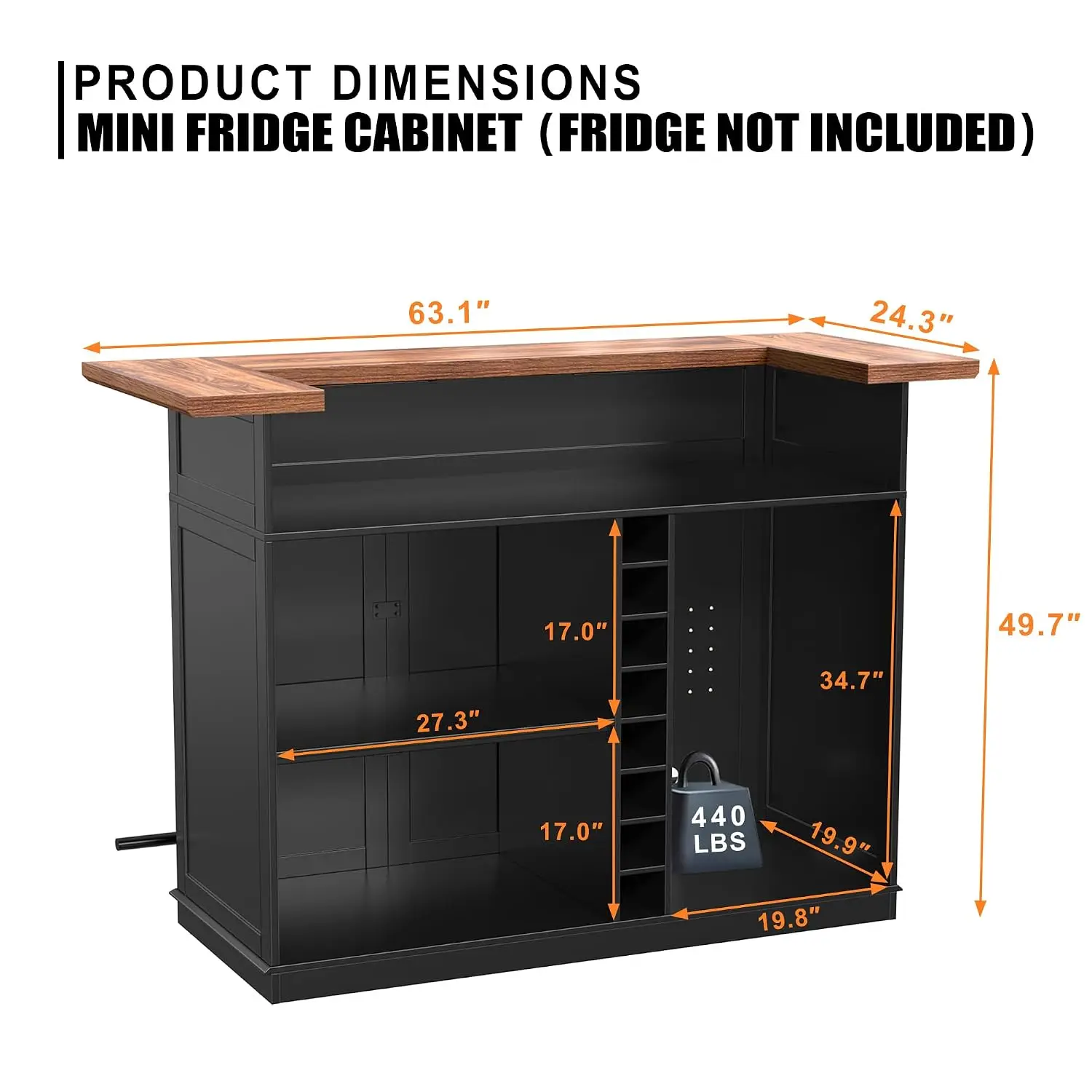 U-Shape Bar Cabinet with Fridge Space, Wine Storage, Glass Rack & Countertop for Cocktail Prep, 63.1