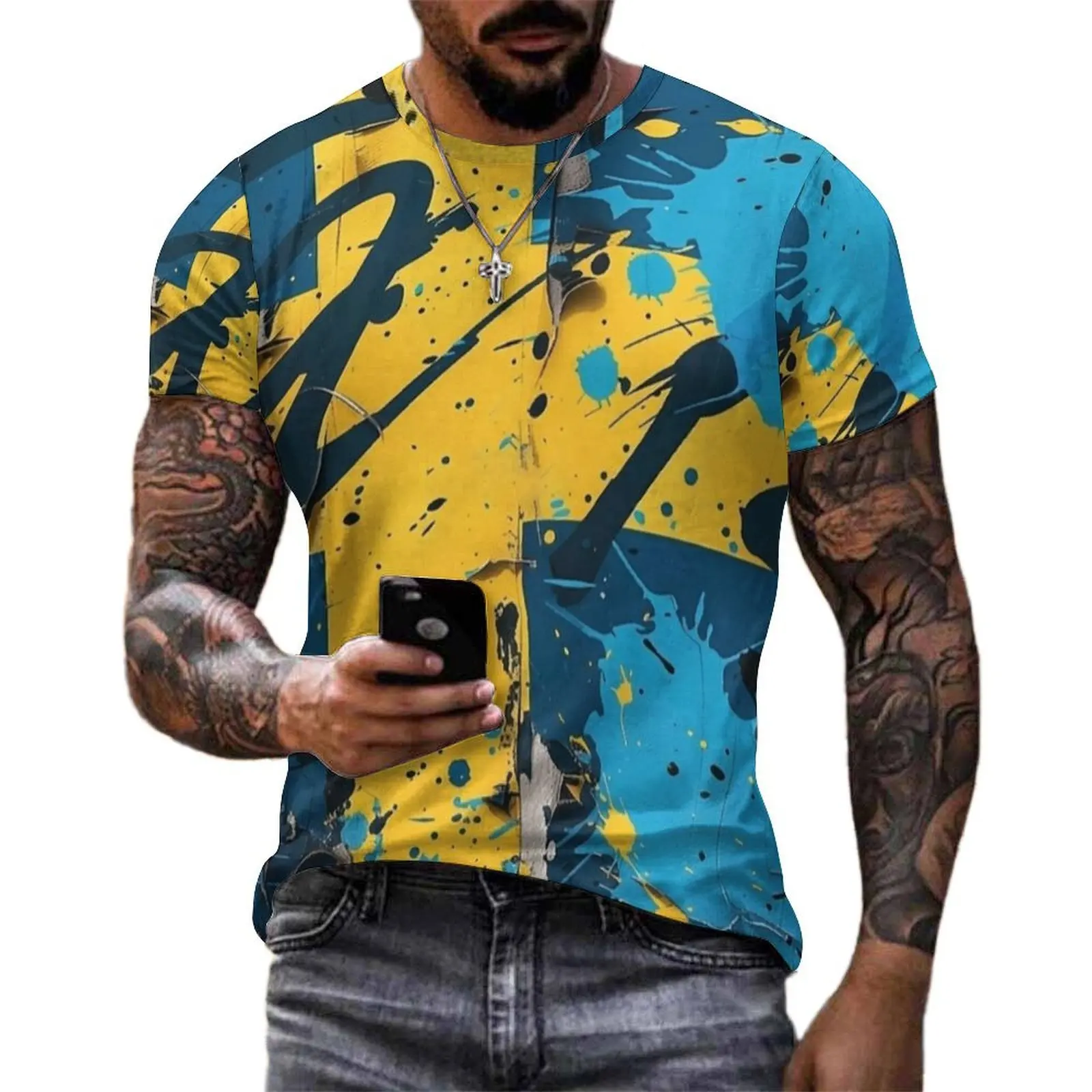 Original T-Shirt Swedish Flag Splatter Graffiti Print T Shirts  Y2K Fun Vintage Tees For Mens Short Sleeves Design Big Size Tops