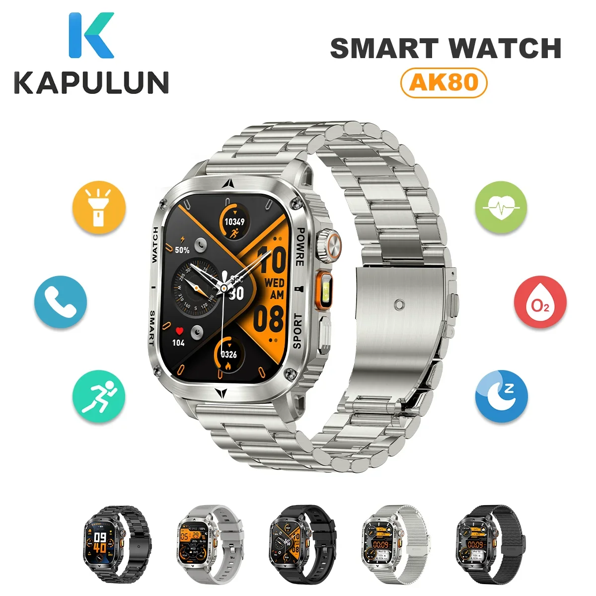 

KAPULUN AK80 2,01-дюймовый HD светодиодный фонарик с большим экраном, уличный IP68, мультиспортивный Bluetooth-вызов, умные часы с пульсометром для мужчин и женщин