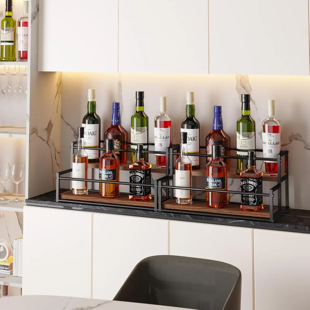 رف عرض زجاجات الخمور من طبقتين للبار والمطبخ - يحمل زجاجات النبيذ والويسكي مع منظم