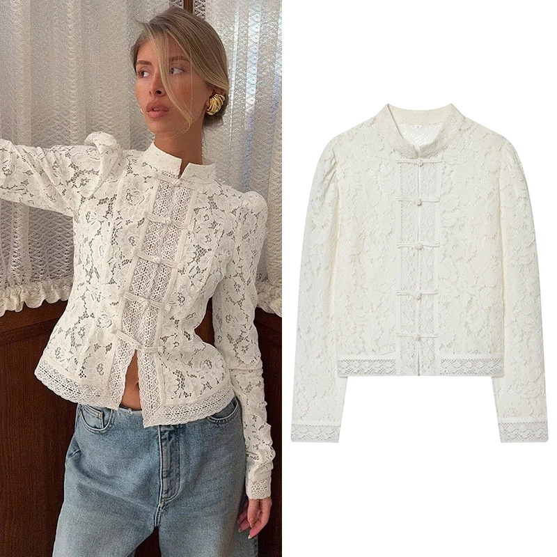 Women's Shirt 2025 New Fashion Long Sleeve Waist-Cinching Lace Crochet Stand Collar Shirt Shirt for Women Vintage Chic Women Top