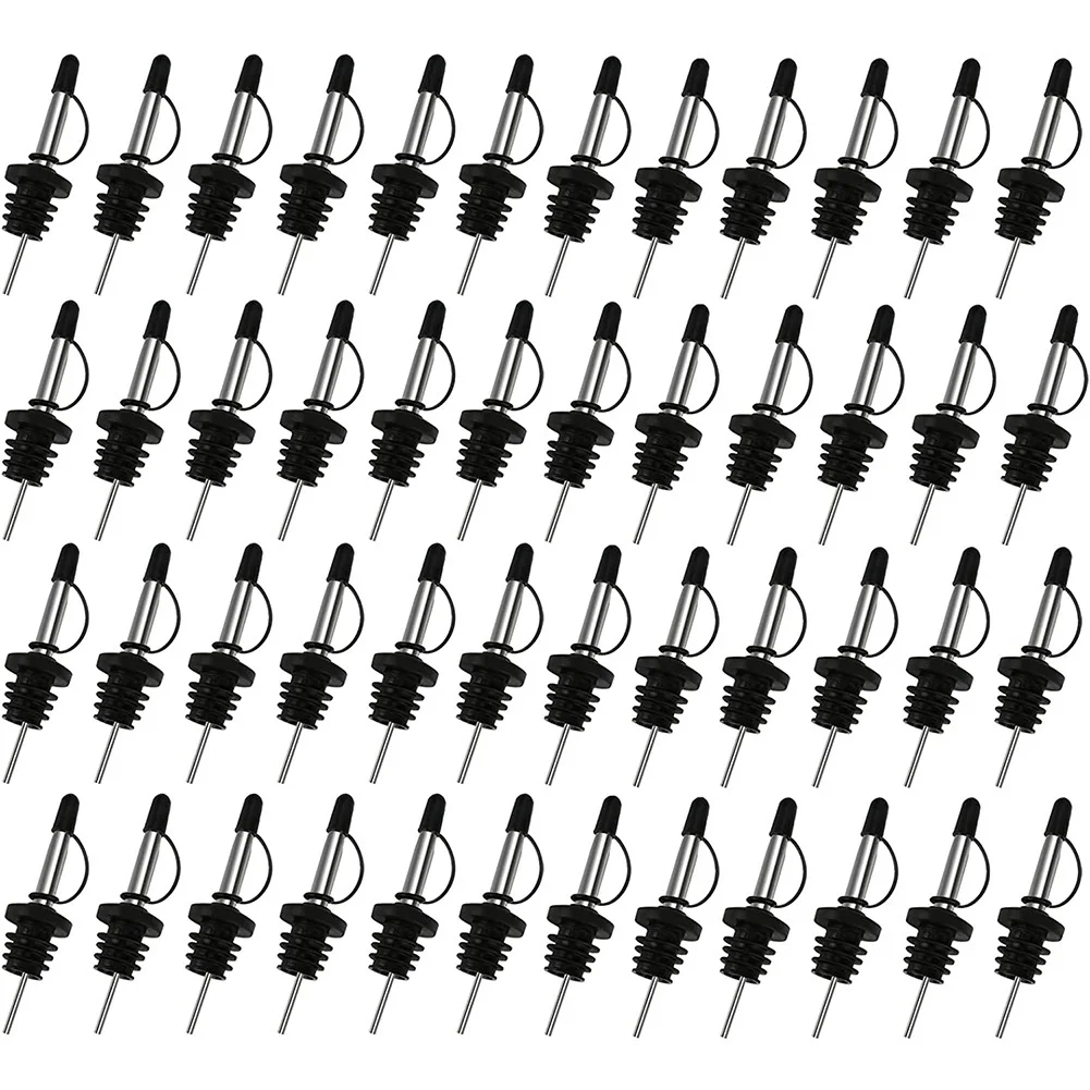 48Pack Liquor Pourers, Stainless Steel Bottle Pourers Tapered Spout, with Siamese Rubber Dust Caps, 3/4Inch Bottle Mouth