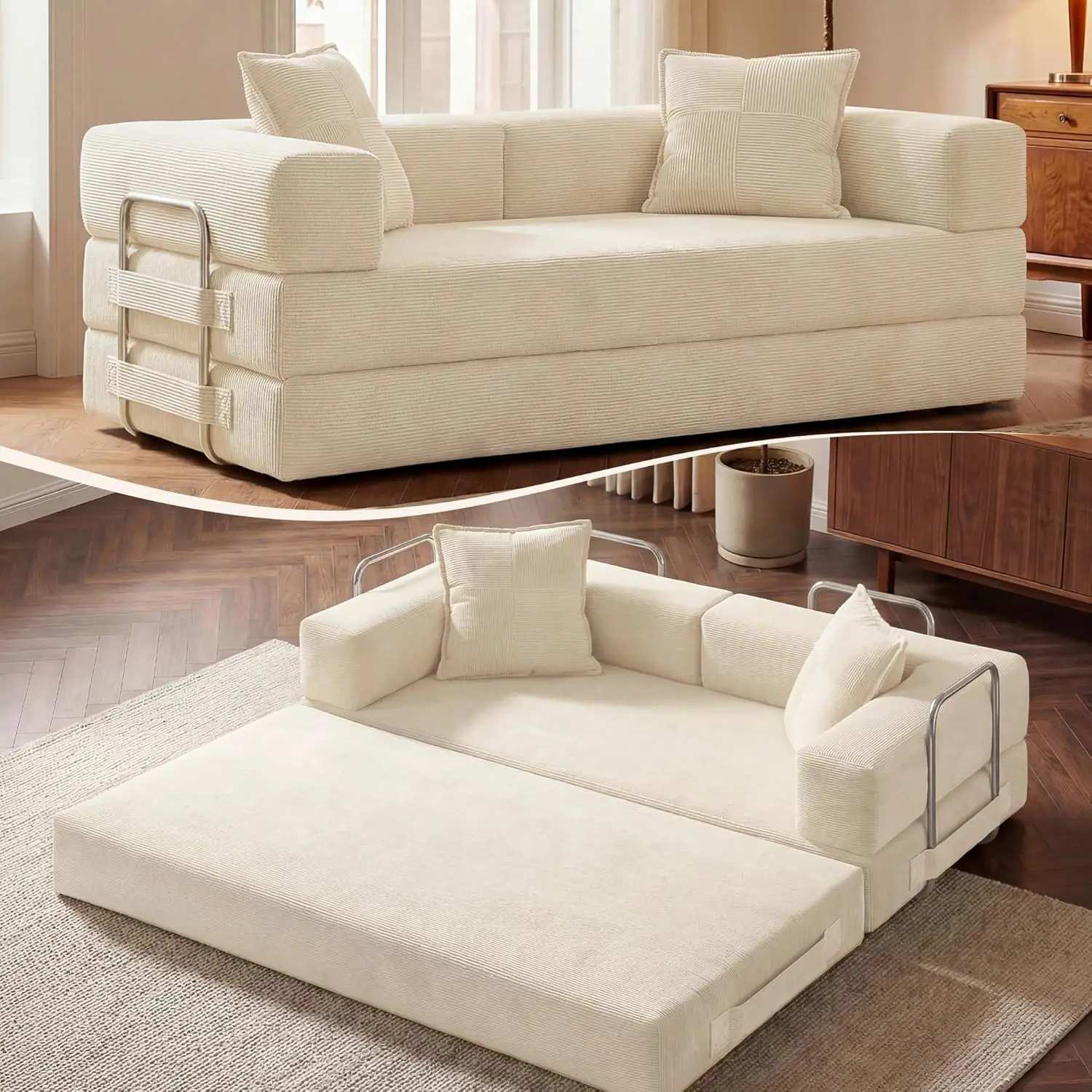 

78 Inch Convertible Sofa Bed, 5-in-1 Futon Sofa Bed Pull Out Couch, Boneless Couch Bed For Living Room, Corduroy Boneles