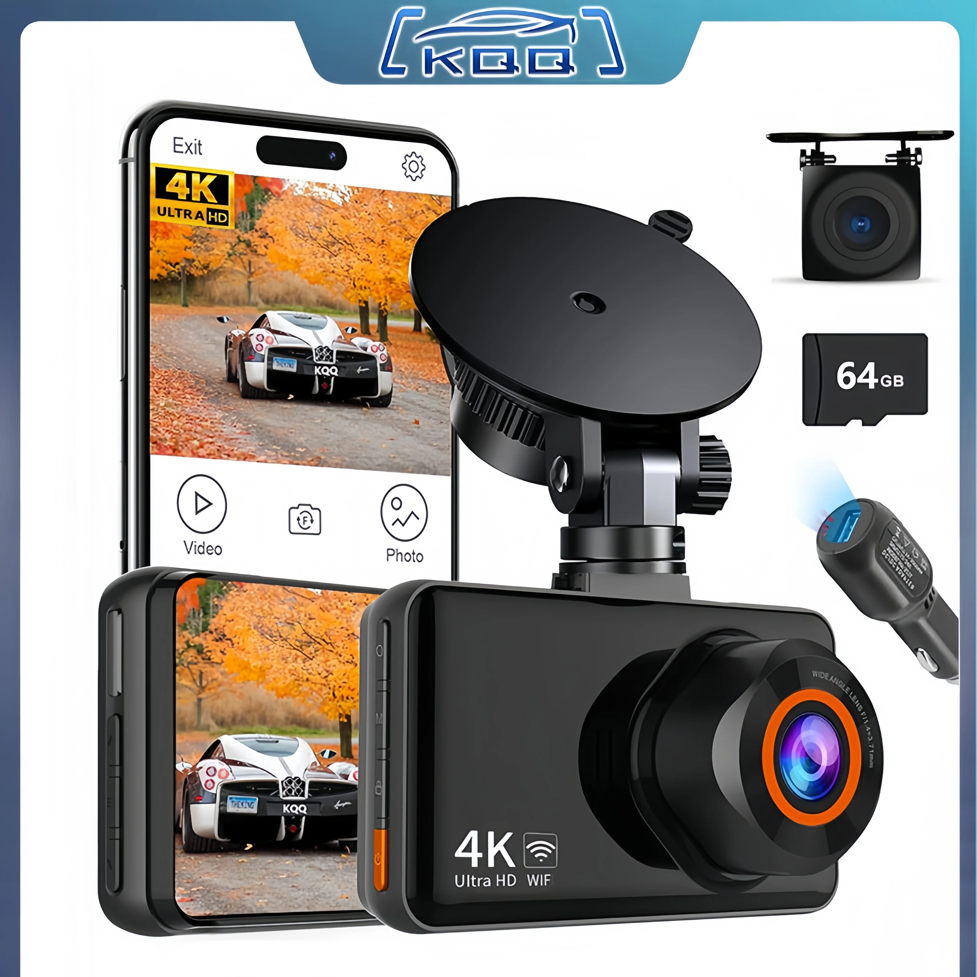 KQQ 4K WiFi Dash Cam with 64GB Sd Card 3.5inch Small Hidden Type Driving Recorder Black Box Car Assecories Car Video Recorder