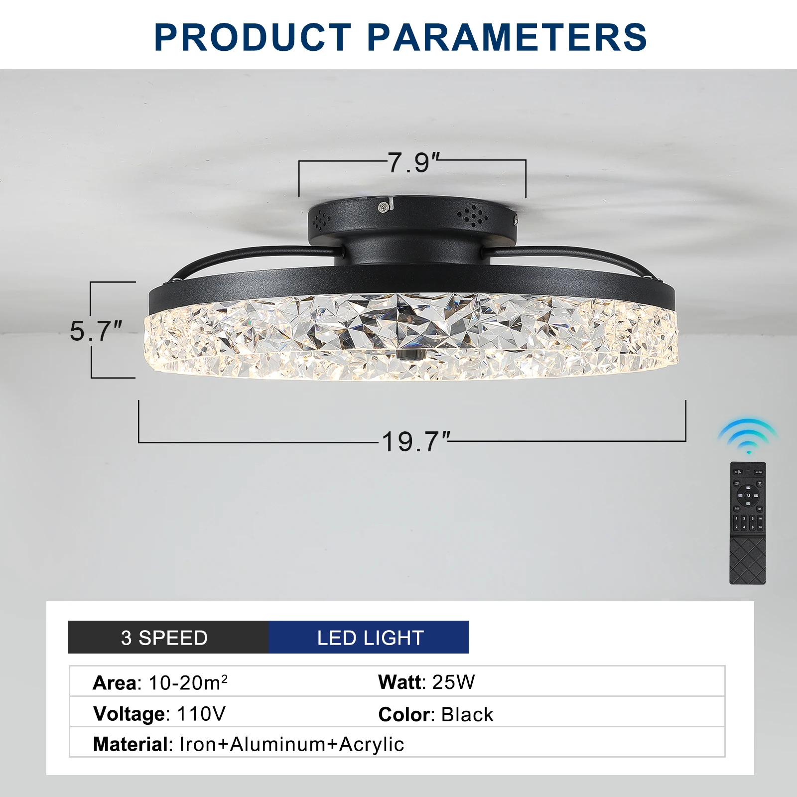 Modern acrylic black ceiling fan light with remote control, dimmable LED pendant light, 6-speed adjustable, silent motor