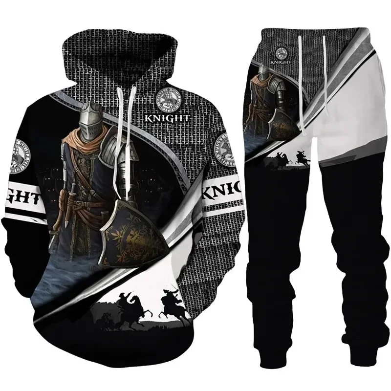 Men's Hoodie Suit 3D Printing Retro Knight Templar Armor Men's Hoodie Casual Sportswear Sweatpants Two-Piece Suit