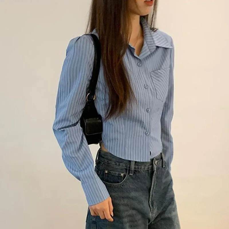 Preppy Style Striped Crop Shirt Women Vintage Blue Jk Long Sleeve Blouse Korean Fashion All Match Slim Fit Female Tops