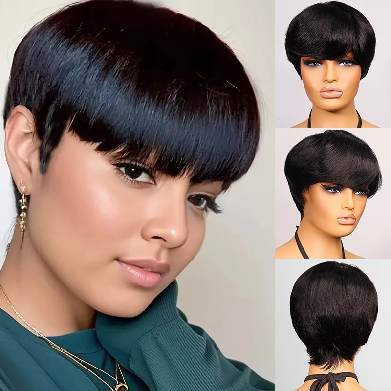 

Короткие человеческие волосы, парики с стрижкой пикси, прямые парики bresillienne для чернокожих женщин, парики машинного производства с челкой, дешевый парик