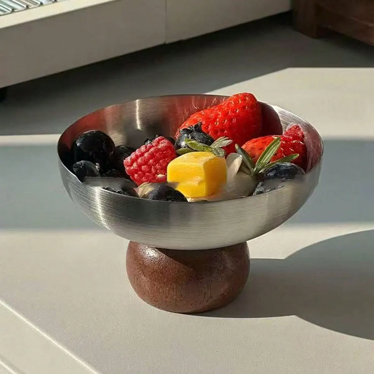 3.5/ 5inch Ins-style high aesthetic 304 stainless steel dessert bowl with round wooden feet, creative ice cream cup, yogurt bowl, ice cream pudding cup, 1pcs