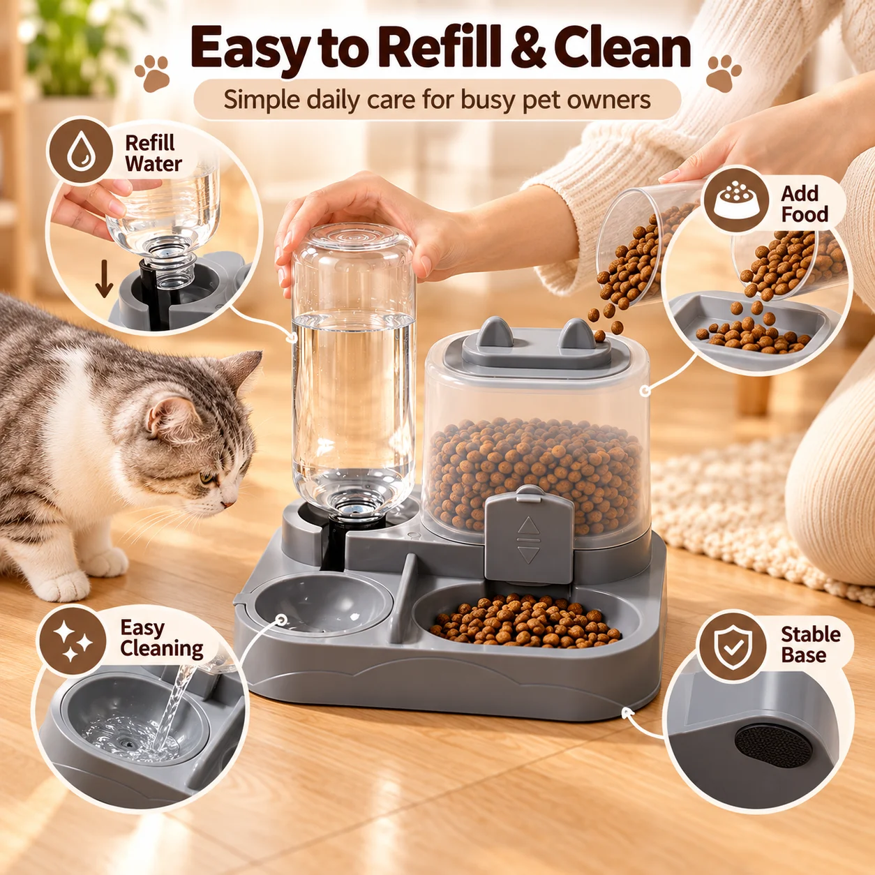 2-in-1 Cat Automatic Feeder Water Dispenser Gravity Pet Food Bowl Wet Dry Separation Storage for Cats Small Dogs Home&Travel