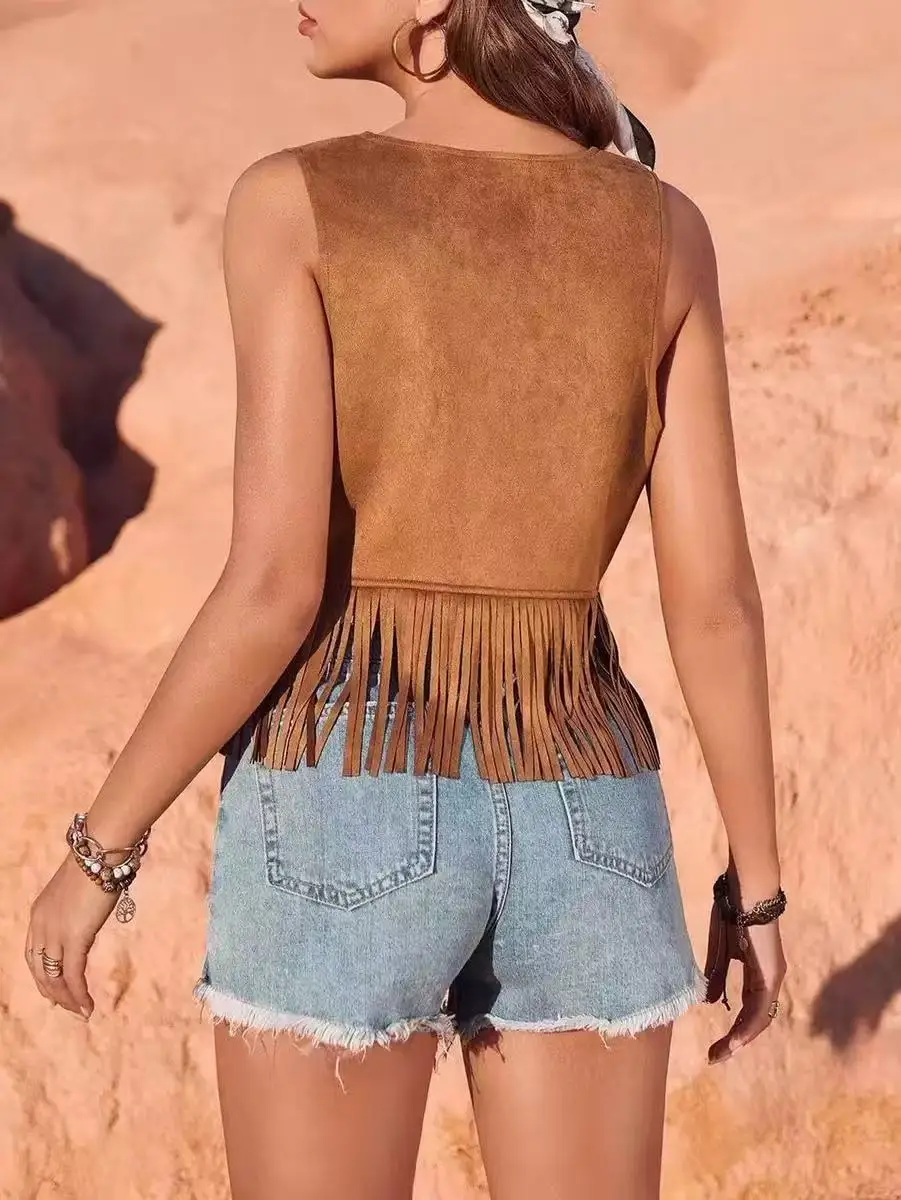 New Ladies' Suede Fringed Vest Sleeveless Cardigan Mid-Length Open Front No-Button Outerwear Trendy Autumn Piece