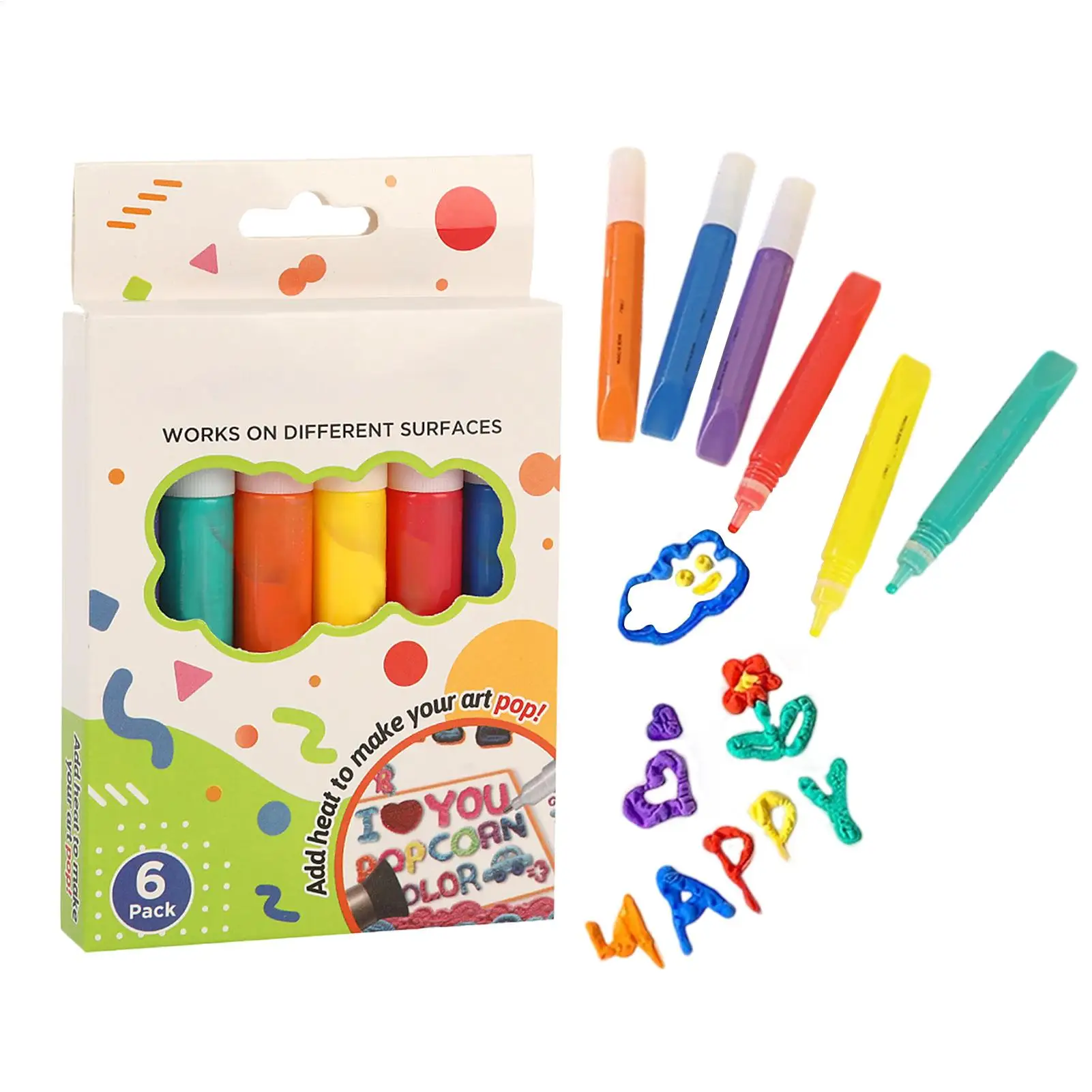 Puffy Popcorn Pen Set 6 Colors 3D Bubble Printing Painting Pen Effect Drawing Art Marker Tool for DIY Artwork, Greeting Cards