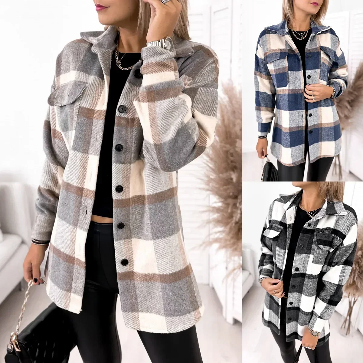 Summer Fashion Women\'s Fashionable Wool Jacket Top Women\'s Long Sleeved Single Breasted Checkered Printed Shirt