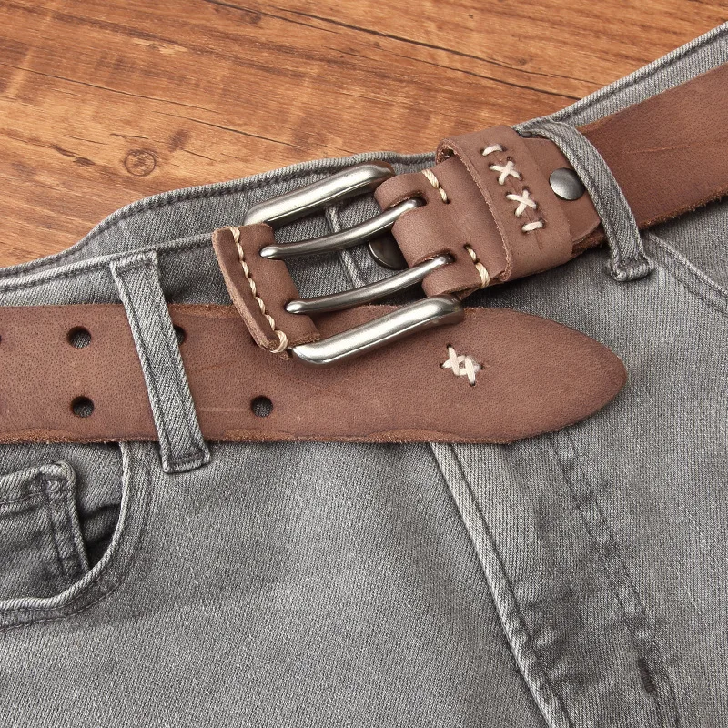 Genuine Cowhide Triple Prong Alloy Buckle Belt Vintage Brushed Leather Finish Reinforced Seam Joint Fine  Practical Male