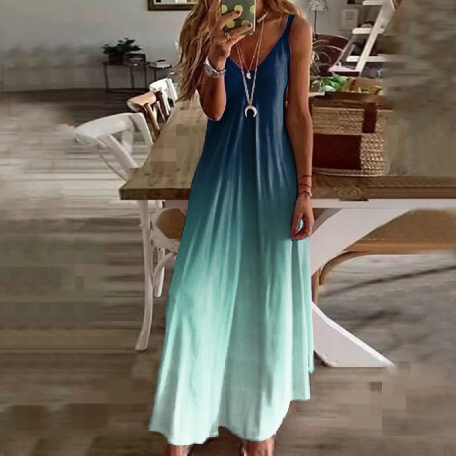 

Women's Summer Fashion Gradient Tie Dye Sleeveless Halter Long Dress Boho Beach Holiday Casual Dress Loose Large Size Sundress