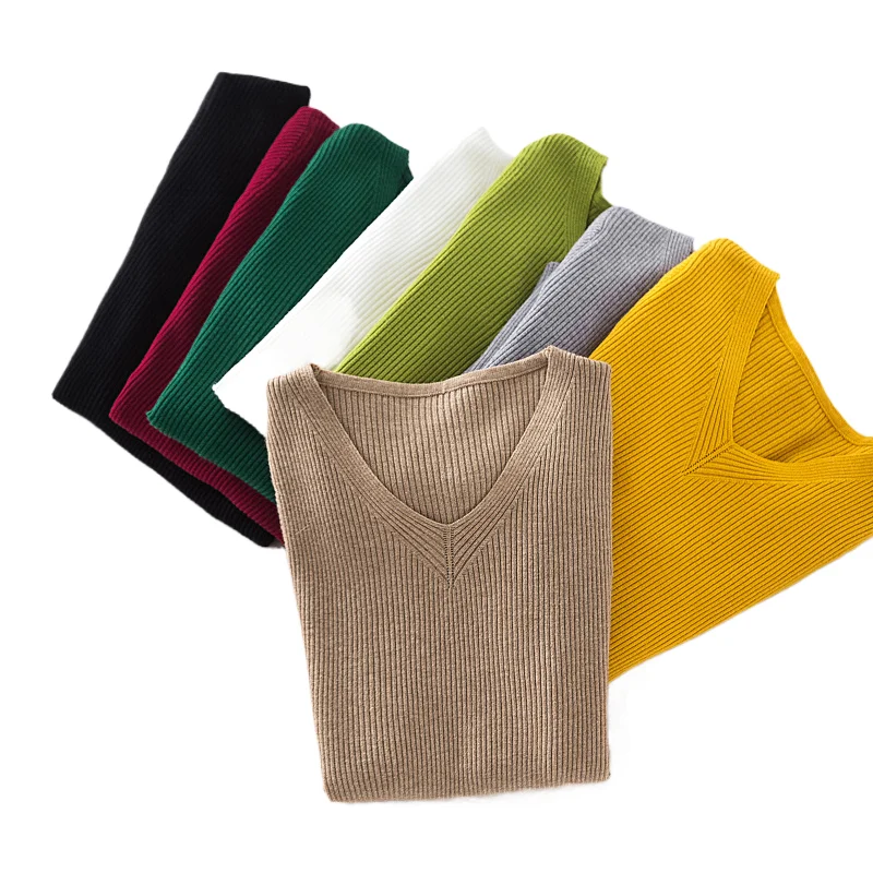 

2024, новый осенне-зимний свитер, женский шикарный тонкий однотонный топ с v-образным вырезом, женский теплый базовый вязаный универсальный пуловер с длинными рукавами