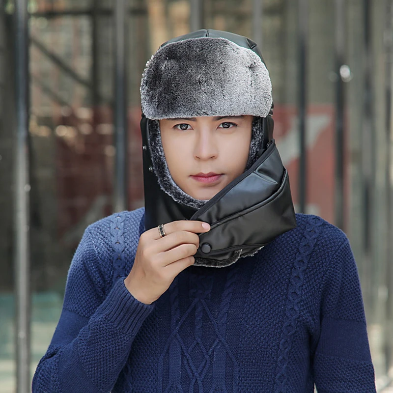 Winter Leifeng Hat Men And Women Cycling Windproof Leather Hat Waterproof Plush Thickened Ear And Neck Protection Warm Hat D13